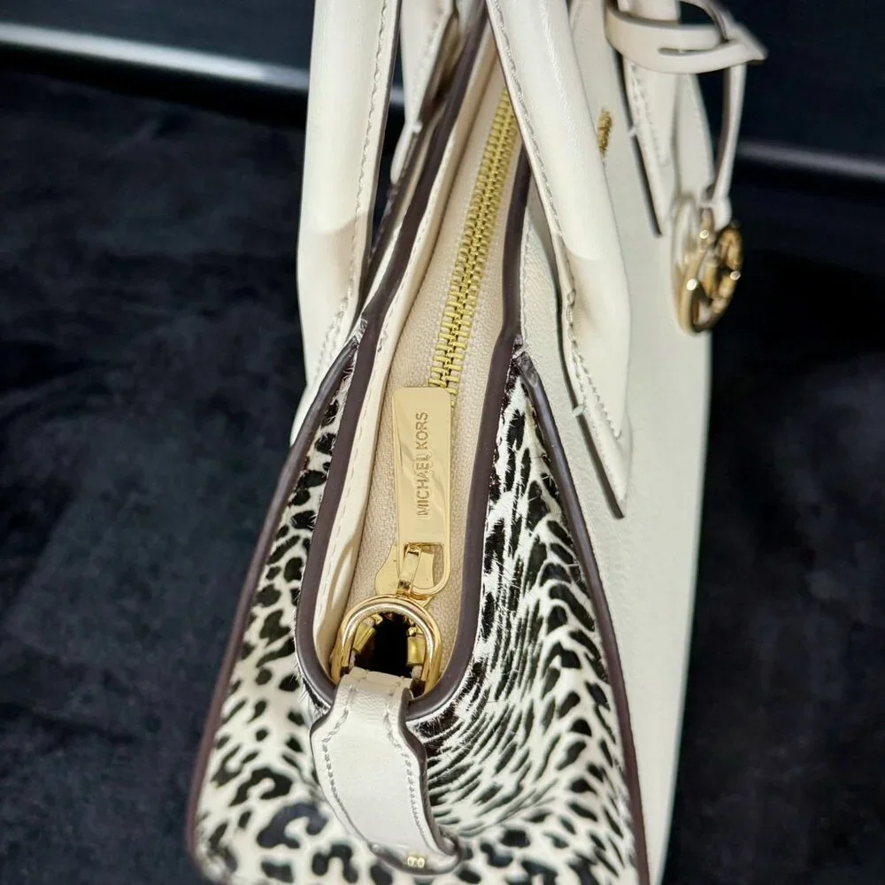 Michael Kors Avril Small Leather and Cheetah Print Calf‎ Hair Satchel